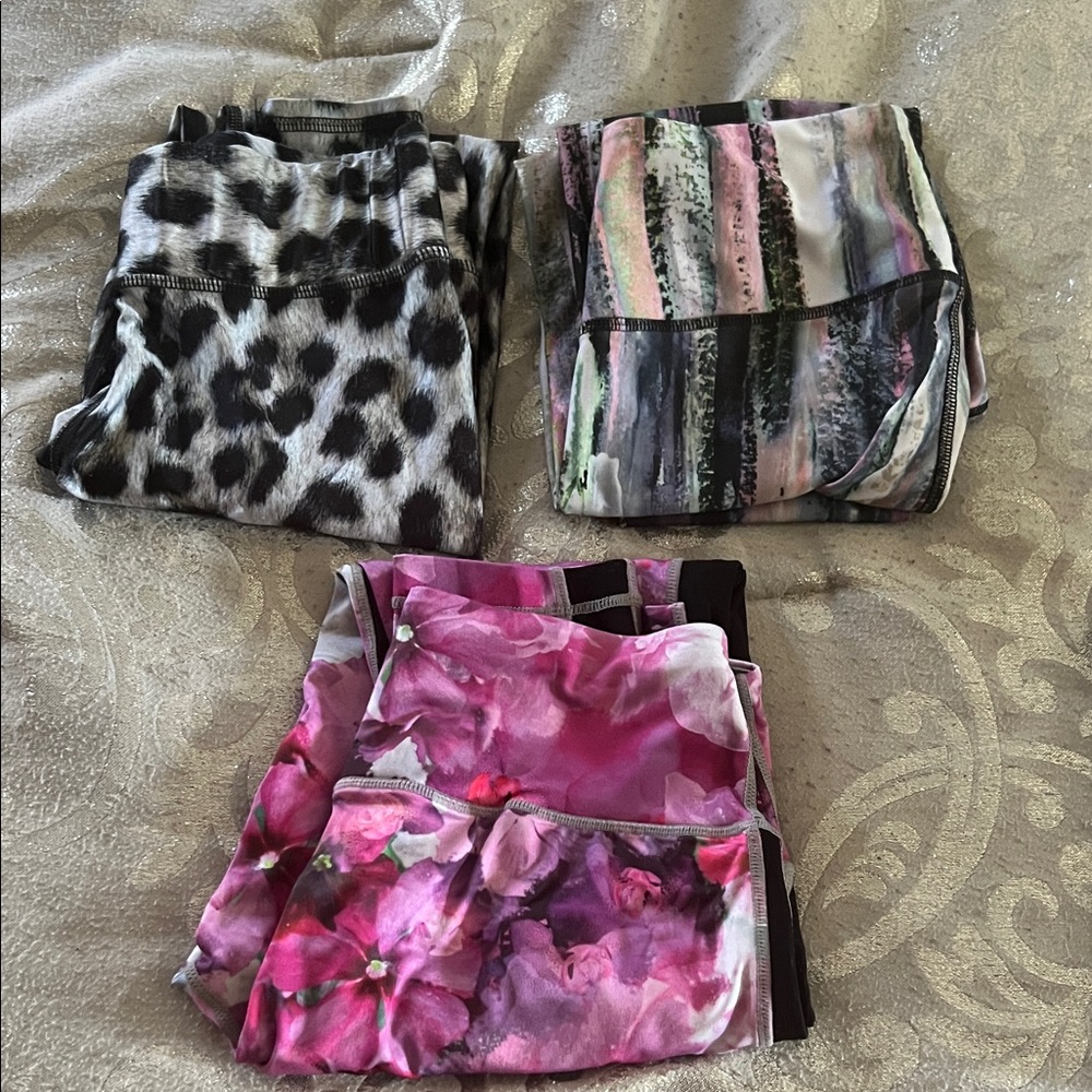3 Printed Activewear Leggings Bundle - Floral, Abstract & Leopard
